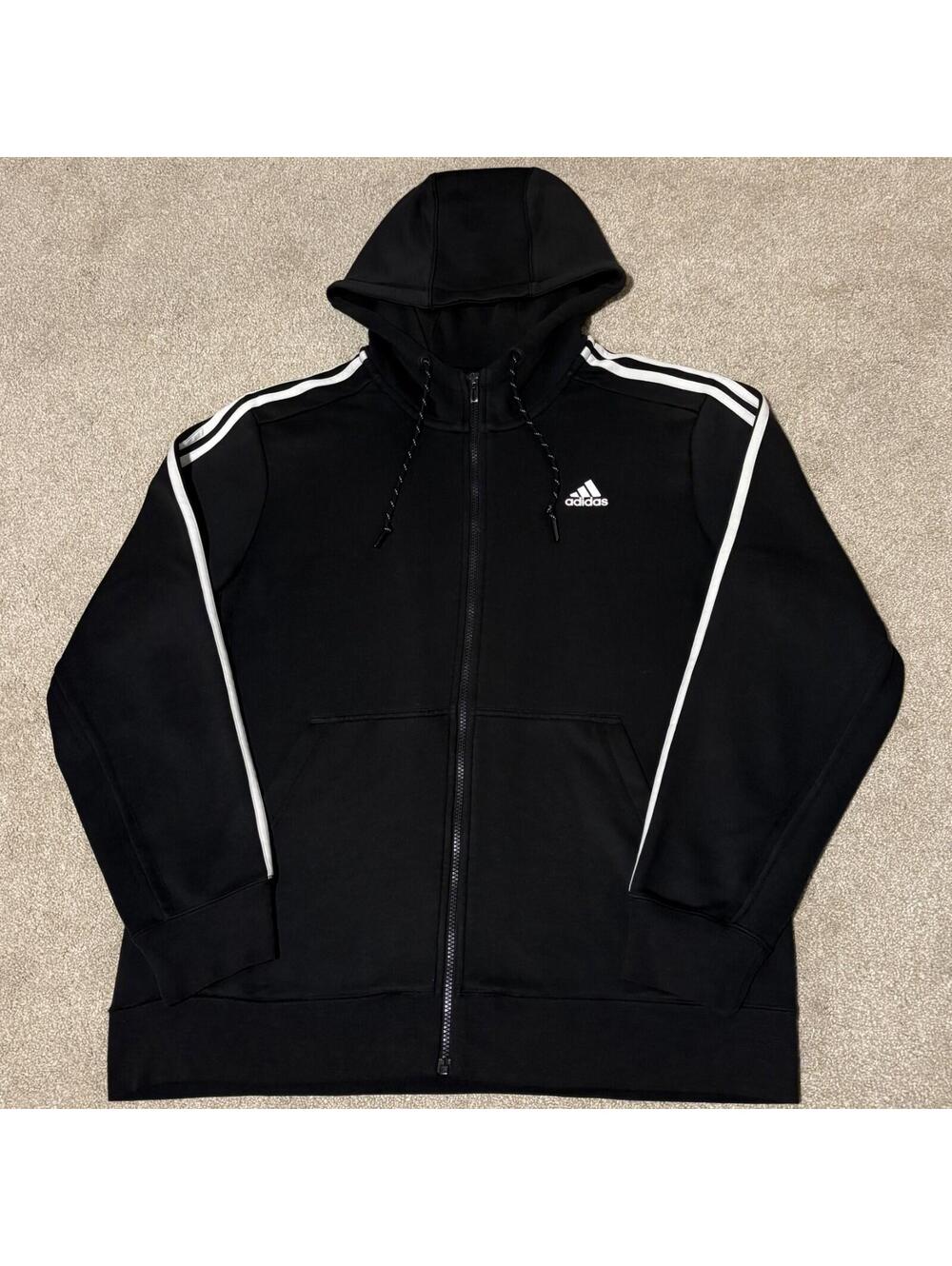 Adidas Hoodie Mens Climate Black Full Zip Hoodie Fleece 3 Stripes Sweatshirt, XL